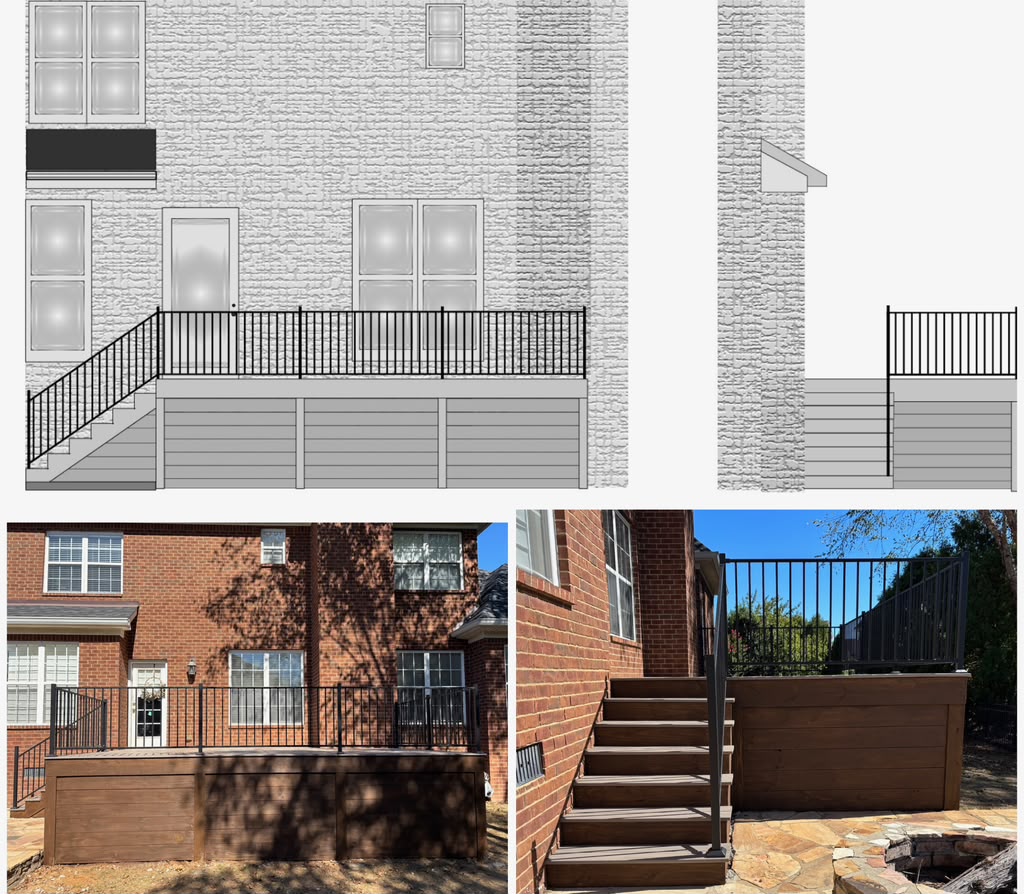 Deck elevation drawing alongside photographs of the completed deck